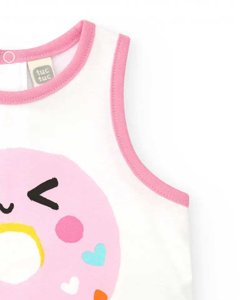 T-shirt sans manches blanc pour fille avec bordures roses et boutons arrière