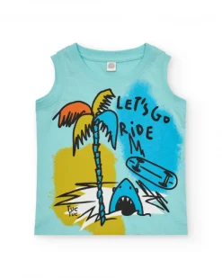 T-shirt sans manches bleu pour garçon avec palmiers et requin