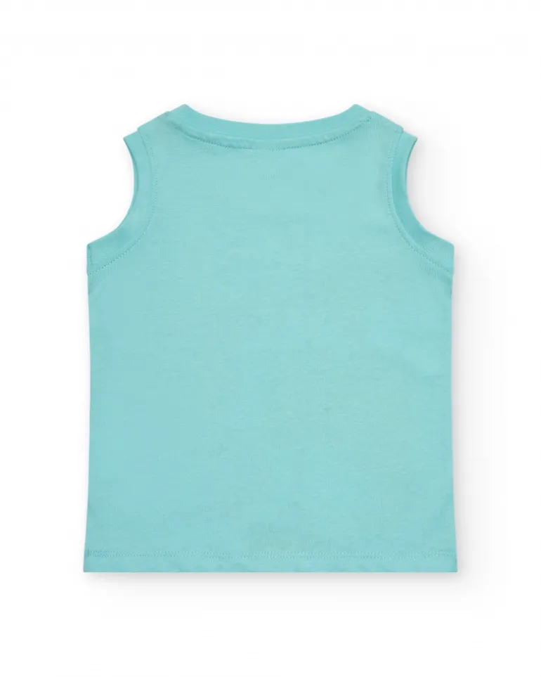 T-shirt sans manches bleu pour garçon avec palmiers et requin