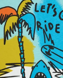 T-shirt sans manches bleu pour garçon avec palmiers et requin