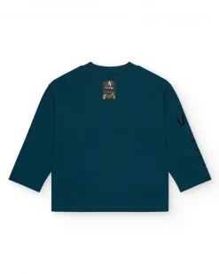 T-shirt vert à manches longues pour garçon avec imprimé animal et détails géométriques