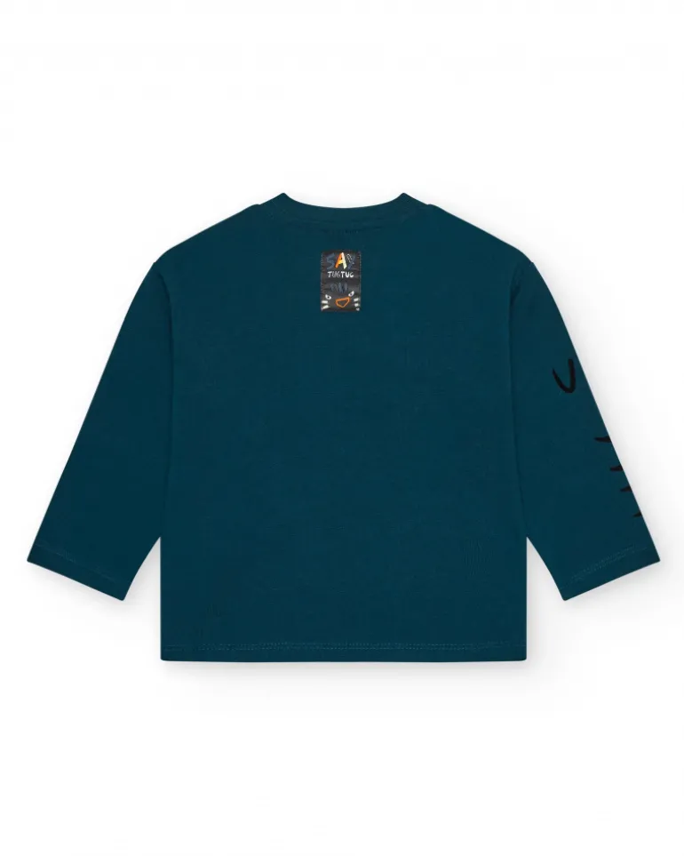 T-shirt vert à manches longues pour garçon avec imprimé animal et détails géométriques