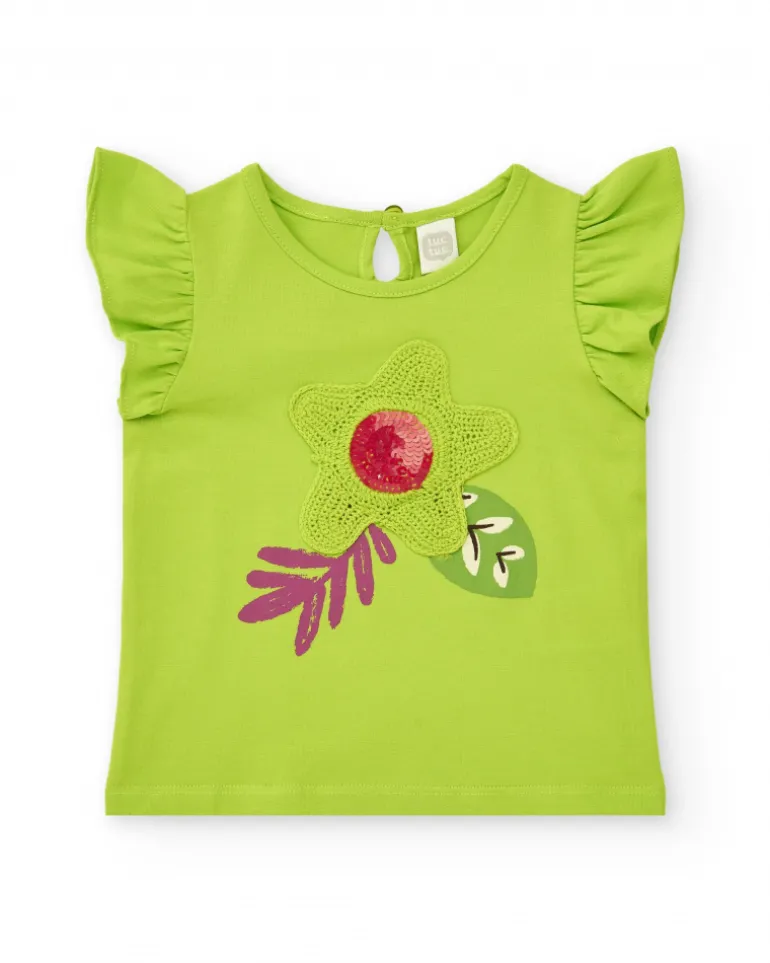 T-shirt vert pour fille avec volants et fleur en crochet