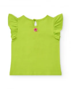 T-shirt vert pour fille avec volants et fleur en crochet