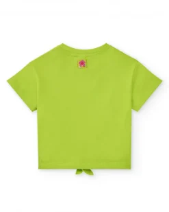 T-shirt vert pour fille avec perroquets, fleurs et nœud décoratif