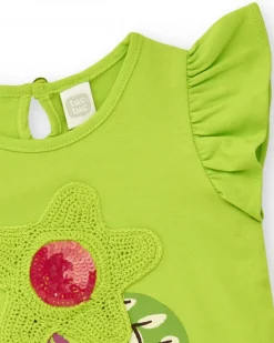 T-shirt vert pour fille avec volants et fleur en crochet
