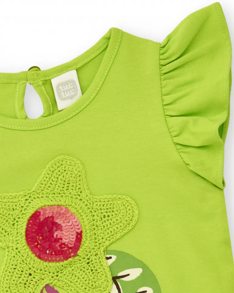 T-shirt vert pour fille avec volants et fleur en crochet