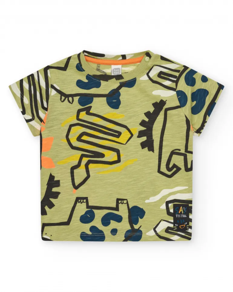 T-shirt vert pour garçon avec imprimé d’animaux et détails bleus et oranges