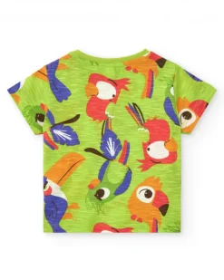 T-shirt vert pour garçon avec perroquets multicolores