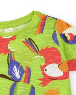 T-shirt vert pour garçon avec perroquets multicolores