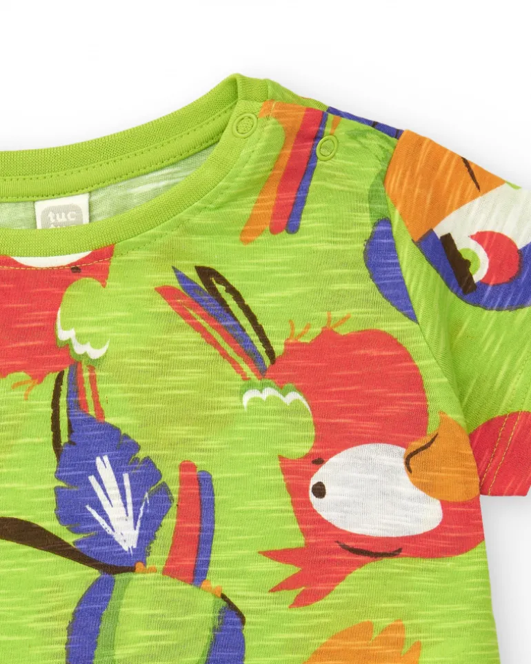 T-shirt vert pour garçon avec perroquets multicolores