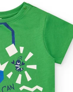 T-shirt vert pour garçon avec requin et formes géométriques