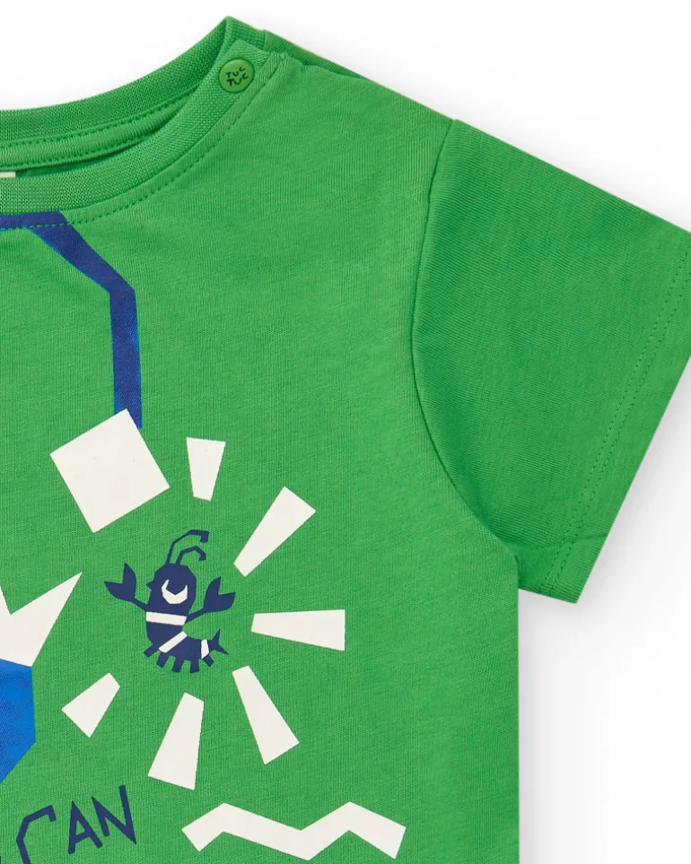 T-shirt vert pour garçon avec requin et formes géométriques