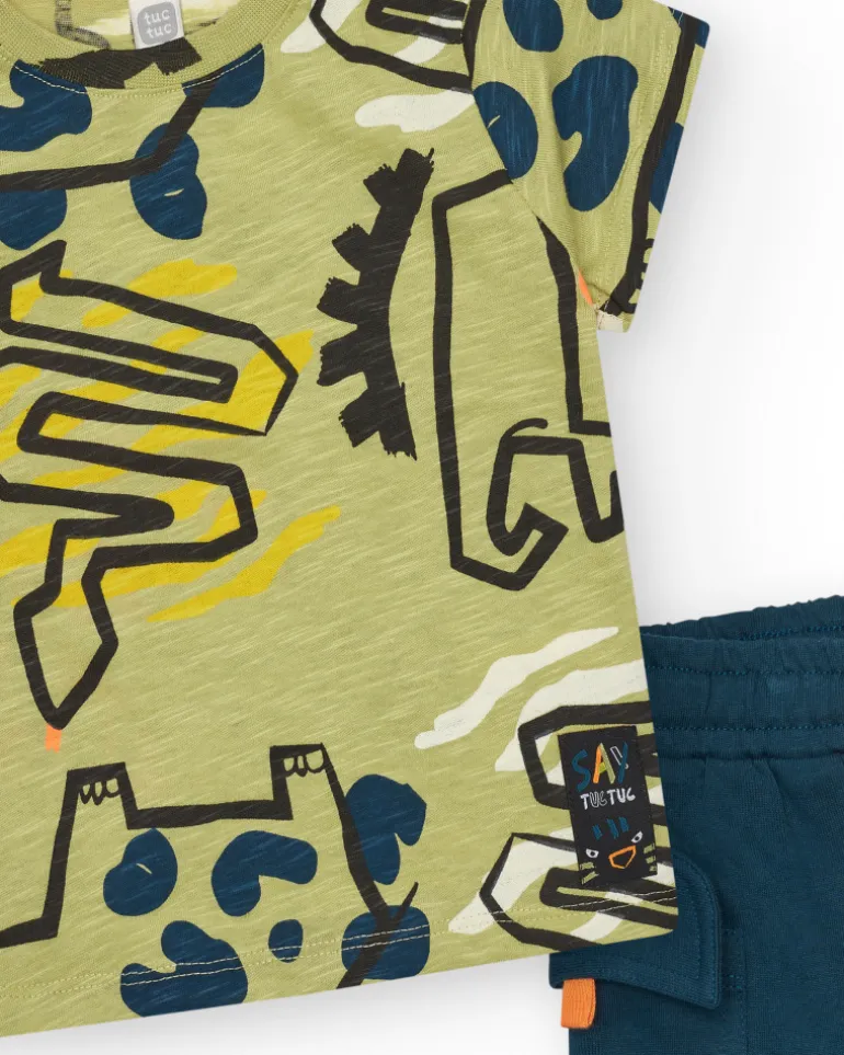 T-shirt vert pour garçon avec dinosaures et fermeture à l’