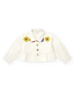 Veste blanche en toile pour fille avec boutons et volant inférieur