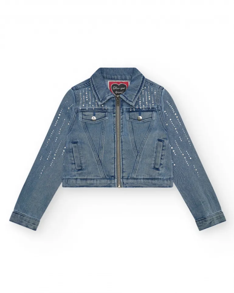 Veste en jean pour fille en bleu avec détails brillants et poches frontales