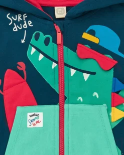 Veste en polaire bleu marine pour garçon avec capuche rouge et crocodile imprimé