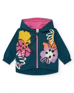 Veste en polaire bleue pour fille avec fermeture éclair rose et imprimé coloré