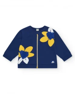 Veste en polaire bleue pour fille avec appliques de fleurs et fermeture éclair