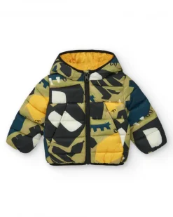 Veste matelassée verte pour garçon avec imprimé de dinosaures et doublure jaune