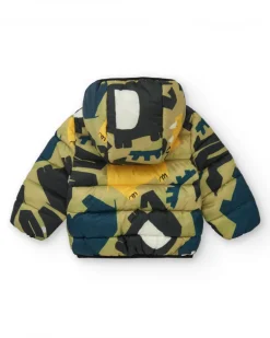 Veste matelassée verte pour garçon avec imprimé de dinosaures et doublure jaune