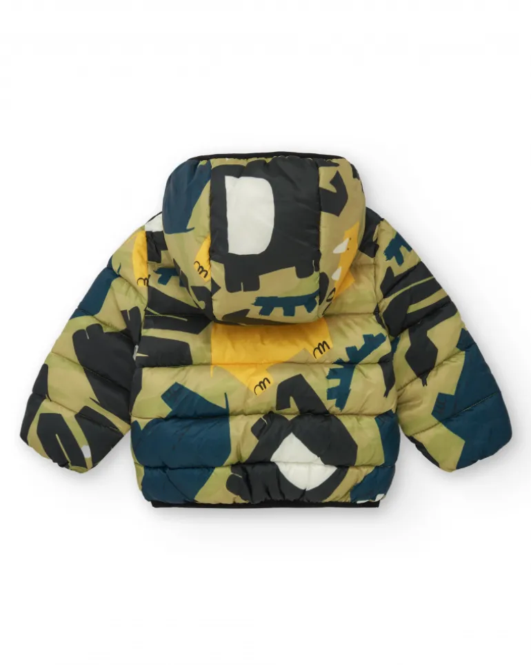 Veste matelassée verte pour garçon avec imprimé de dinosaures et doublure jaune