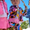 Veste noire pour fille avec imprimé multicolore et fermeture frontale