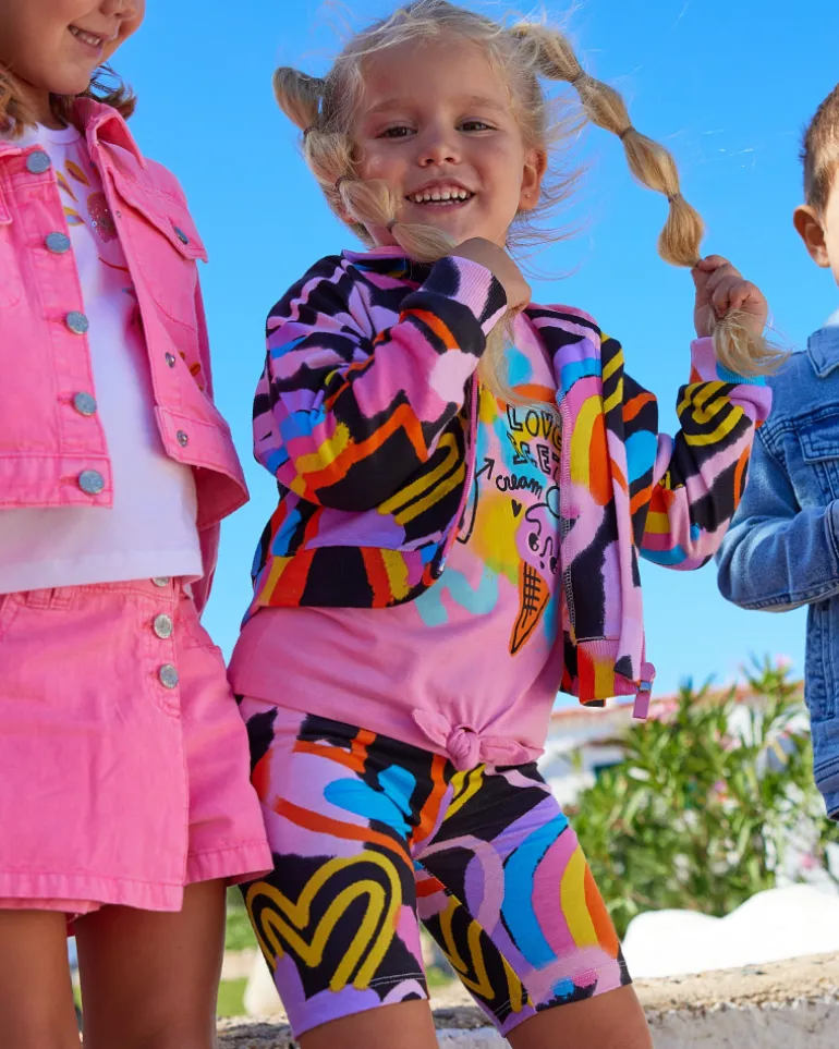 Veste noire pour fille avec imprimé multicolore et fermeture frontale