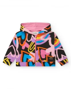 Veste noire pour fille avec imprimé multicolore et fermeture frontale