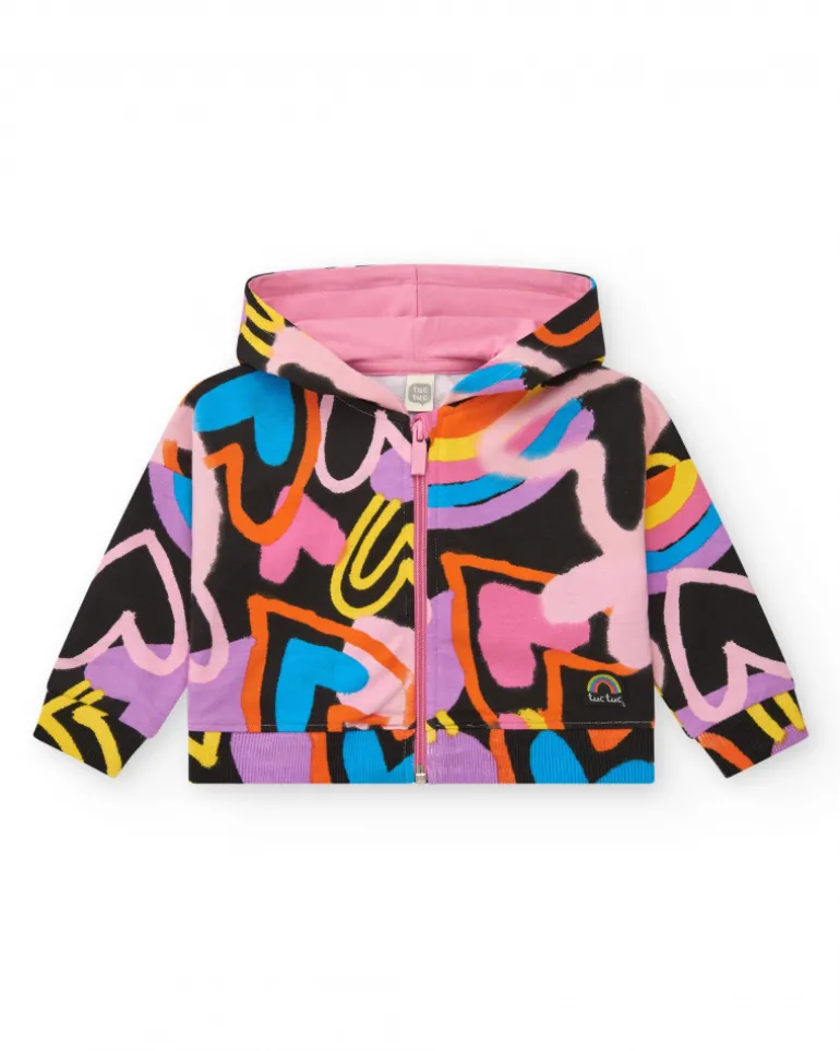 Veste noire pour fille avec imprimé multicolore et fermeture frontale
