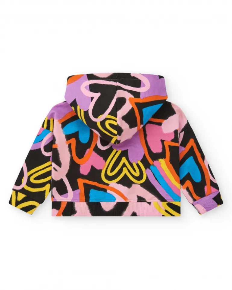 Veste noire pour fille avec imprimé multicolore et fermeture frontale