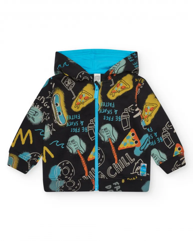 Veste noire pour garçon avec imprimé et capuche